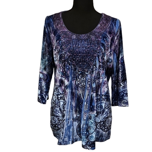 One World Velour Scoop Neck Purple & Blue Bling Top 97% Polyester Size M - Picture 1 of 10